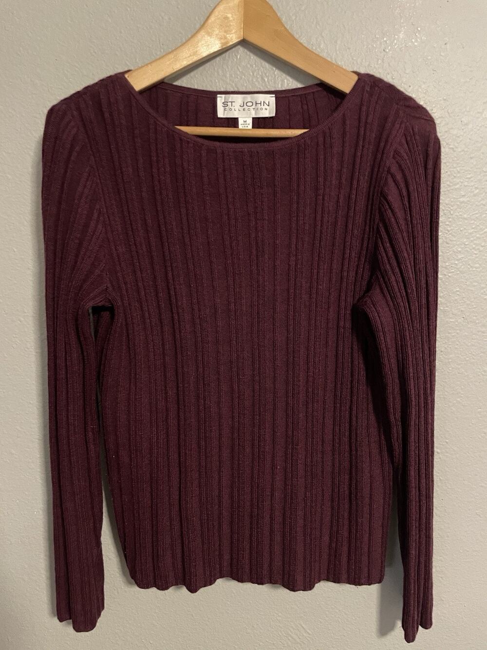 St. John Womens Sweater Medium Burgundy Wool Stretch Ribbed Minimalist READ